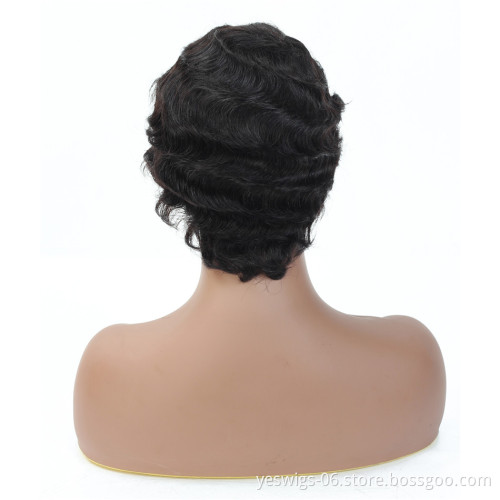 Wholesale Pixie Cut Short Human Hair Wig Finger Wave For Black Women, Raw Indian Virgin Cuticle Aligned Hair Wavy Wig Color 33#